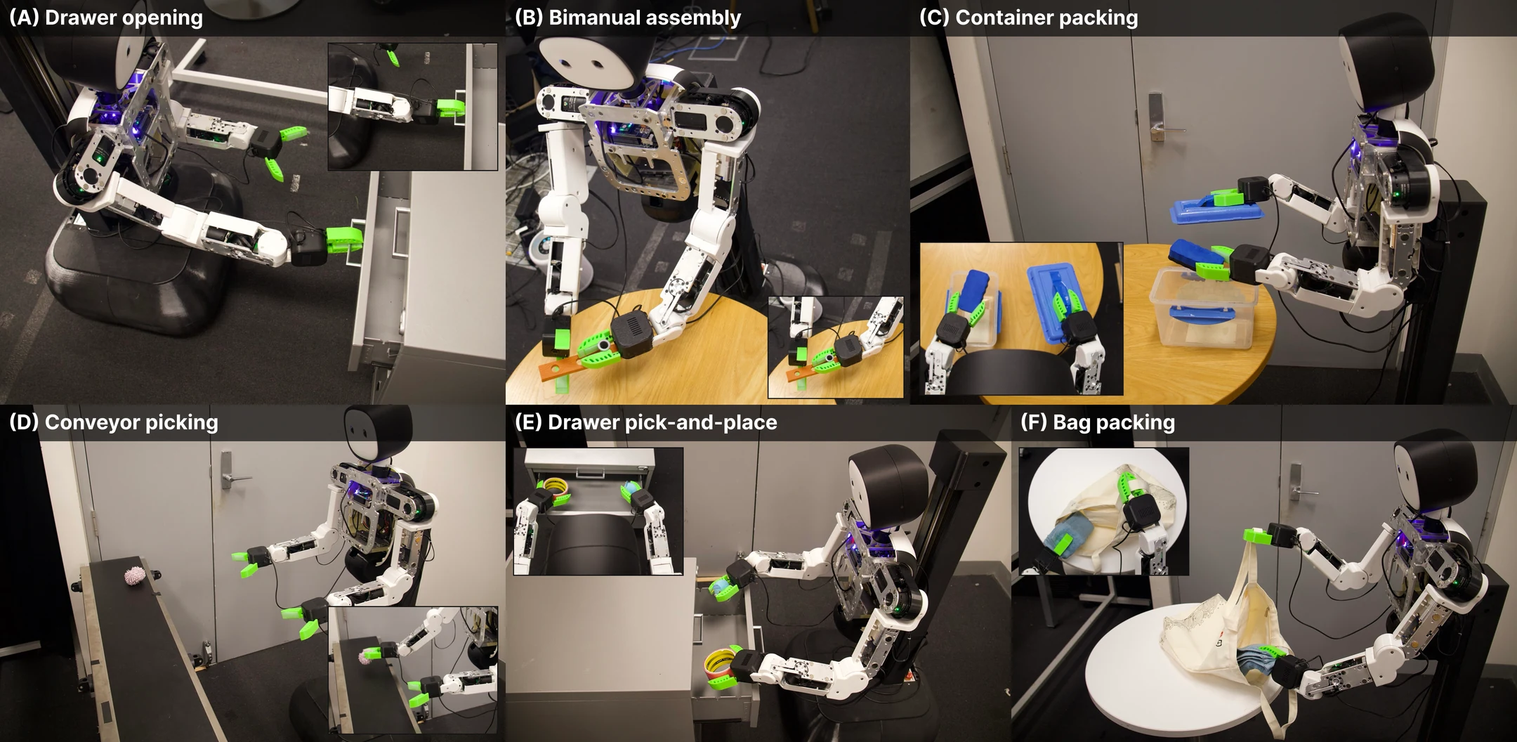 Original six-task artwork showing a mobile robot performing drawer packing, disassembly, box packing, conveyor picking, dual-drawer return, and bag packing